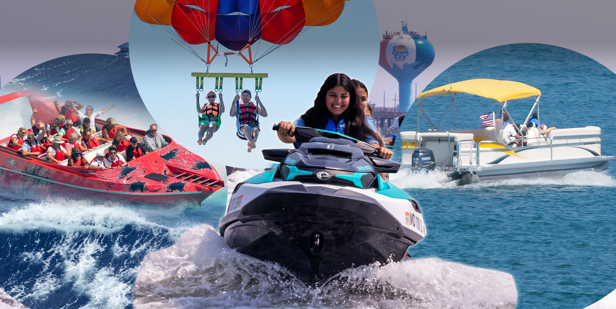 Collage of pontoon boat, speed boat, jet ski, and parasailing
